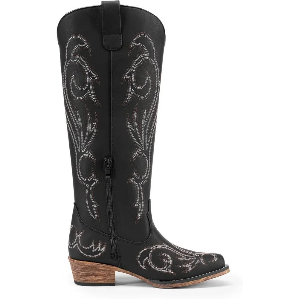 Womens Faux Leather Black Knee High Chunky Heel Side Zipper Embroidered Boots
